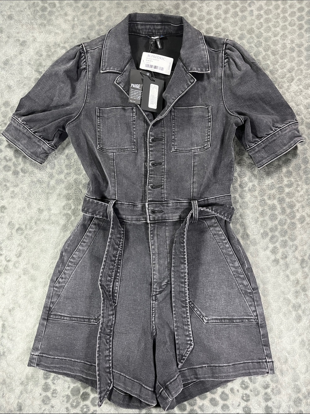 PAIGE Mayslie Short Sleeve Denim Romper Washed Gray “Dark Matter” with Tie Belt